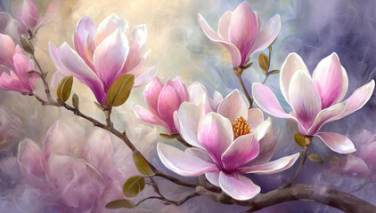 Pastelowe piękne magnolie, wiosenne tło kwiatowe - obrazy, fototapety, plakaty