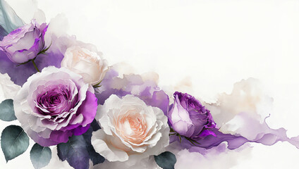 Tapeta fioletowe i białe róże. Abstrakcyjne pastelowe tło kwiatowe, puste miejsce na tekst - obrazy, fototapety, plakaty