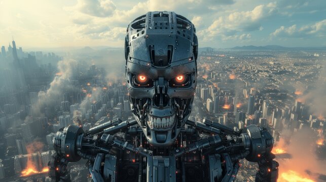 Evil looking metallic robot with human teet and glowing eyes. Background of a burning cityscape.