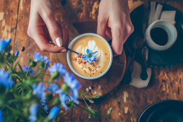 chicory coffee alternative adorned with a blue cornflower, this image evokes a natural, healthy lifestyle choice, offering tranquil coffee moment, perfect for those seeking caffeine-free morning - obrazy, fototapety, plakaty