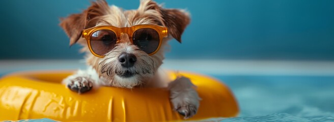 A fashionable miniature terrier pup lounges by the pool in a bright yellow float, sporting stylish sunglasses to protect its precious puppy eyes