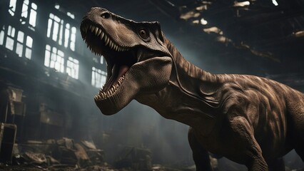 tyrannosaurus rex dinosaur   The close up of the dinosaur was an exploited creature that existed in the dystopian world,  