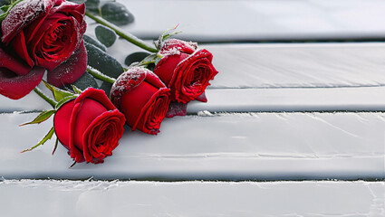 Róże, piękne czerwone kwiaty w szronie na deskach, martwa natura, tło walentynki - obrazy, fototapety, plakaty