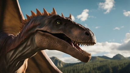  The close up of the dinosaur was an amazing creature that lived in the wizarding world,   - obrazy, fototapety, plakaty