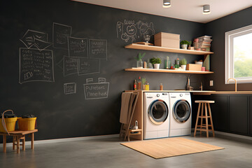laundry space with a chalkboard wall for notes - obrazy, fototapety, plakaty