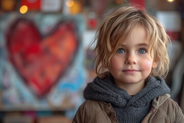 A young girl with piercing blue eyes gazes into the camera, her rosy cheeks peeking out from under a cozy scarf as she models a trendy outfit outdoors