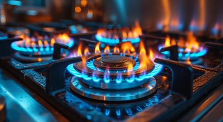 The warm glow of a blue flame dances on the sleek surface of an indoor gas stove, ready to bring life to any kitchen