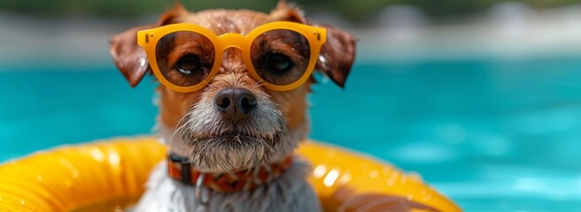 A playful yellow labrador enjoys a sunny day at the pool, sporting orange sunglasses and a float,...