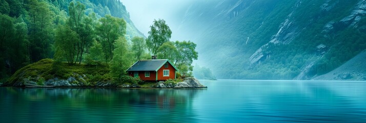 A landscape depiciting a small house on a secluded island with tall trees surrounded by a lake and mountains in the early morning mist. - obrazy, fototapety, plakaty