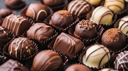 Fototapeta premium Assortment of delicious chocolate candies on dark background, closeup