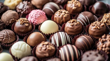 Assortment of delicious chocolate candies as background, closeup view