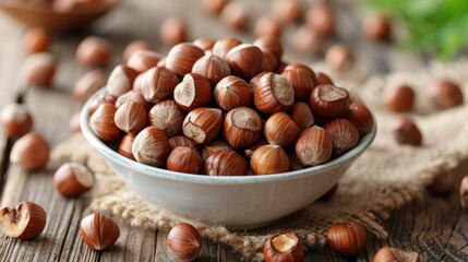 Bowl with tasty hazelnuts on wooden table, closeup