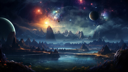 Exoplanets orbiting a distant star against the backdrop of a cosmic vista of cosmic wonders