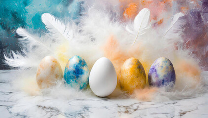 Wielkanocne tło,  kolorowe jajka pisanki w piórkach - obrazy, fototapety, plakaty