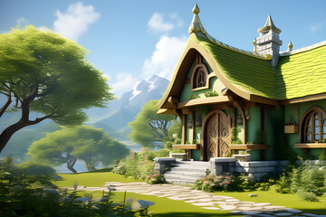 Obraz premium Fairytale tree house in a mysterious forest, house of pixies and elves. template for design. Playground AI platform.