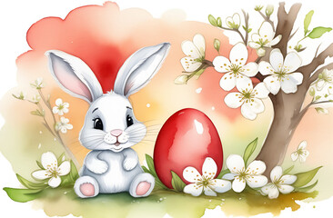 rabbit with colored eggs and a sprig of white apple flowers. Easter holiday