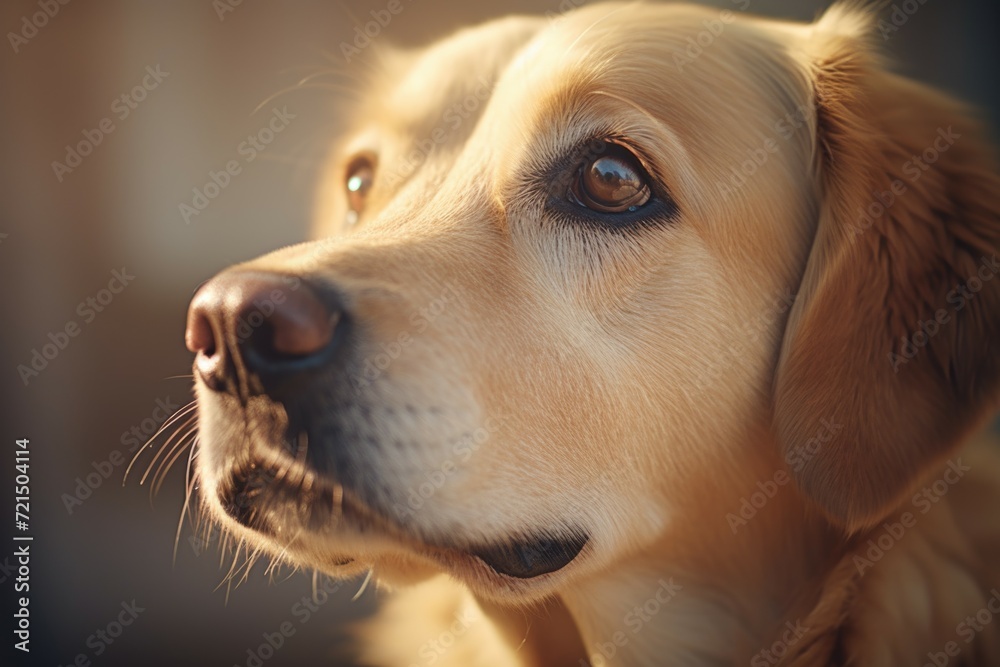 Poster a close-up view of a dog's face with a blurry background. can be used for various purposes