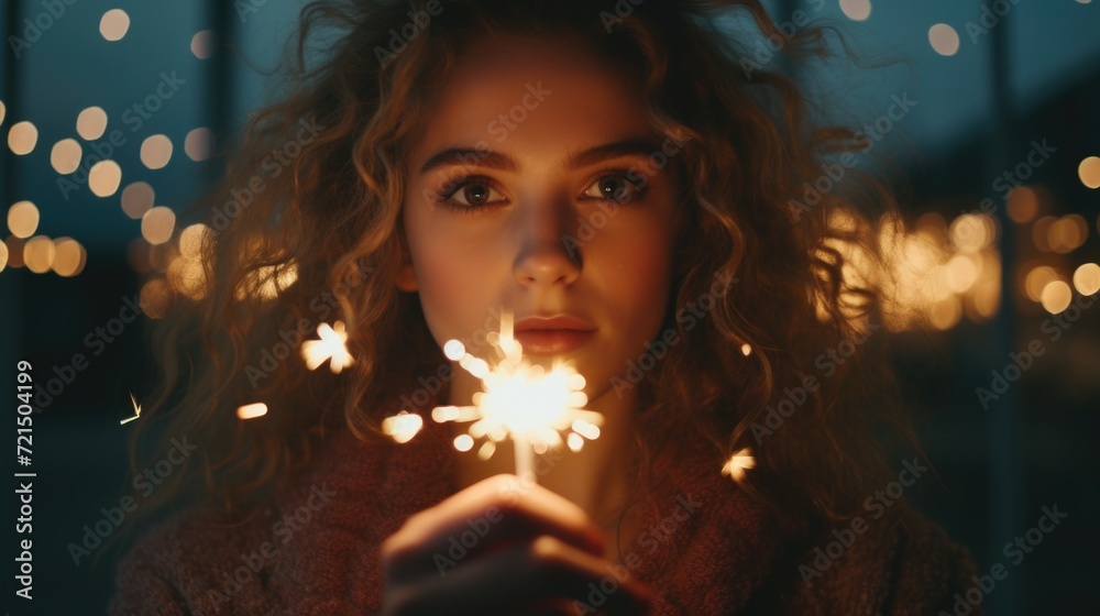Aufkleber A woman holds a sparkler in front of her face, creating a mesmerizing and magical glow. Perfect for adding a touch of excitement and celebration to any project