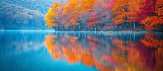 Captivating Fall Foliage Reflecting in Pristine Water, with Majestic Trees Enhancing the Foreground's Fall Beauty