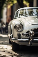 A vintage car parked gracefully on a charming cobblestone street. Perfect for capturing the nostalgic beauty of the past. Ideal for automotive enthusiasts and travel blogs