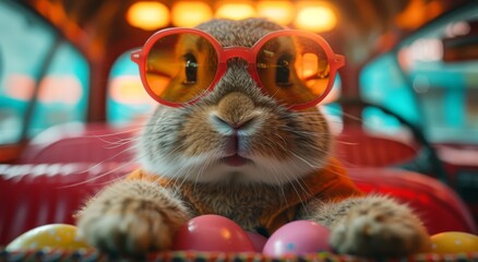 A cool cat mammal struts indoors, eyeing the stylish rabbit donning red sunglasses with envy - obrazy, fototapety, plakaty