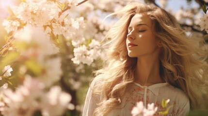 Fototapeta premium A woman stands in front of a beautiful flowering tree. This image can be used to depict the beauty of nature and the peacefulness of being surrounded by blooming flowers