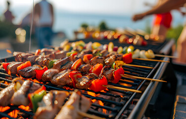 Barbecue meat and vegetables on grille on people party seaside blurred background, sunny day - obrazy, fototapety, plakaty