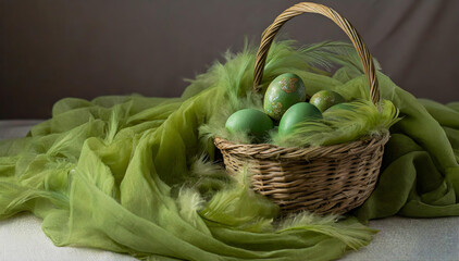 Kompozycja wielkanocna, zielone jajka w koszyku - obrazy, fototapety, plakaty