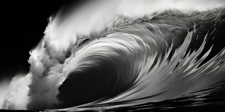 A striking black and white photo capturing the power and beauty of a large wave. Perfect for use in ocean-themed designs or to add a dramatic touch to any project