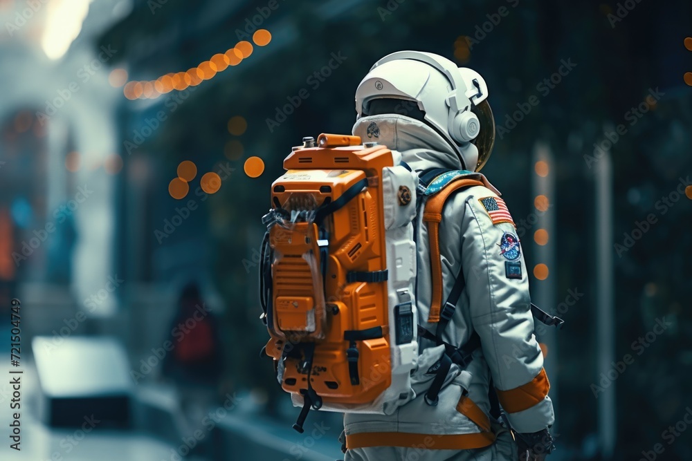 Poster astronaut wearing a space suit and carrying a backpack. suitable for science fiction, space explorat