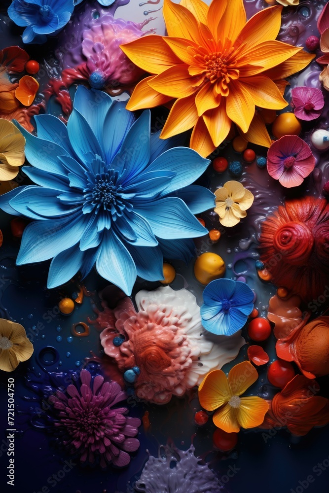 Poster A close-up view of a vibrant bunch of colorful flowers. Perfect for adding a pop of color to any project or design