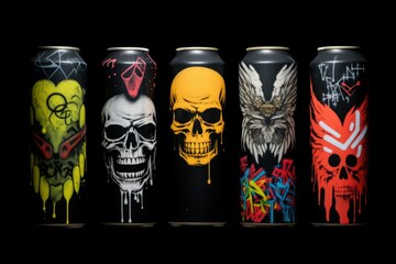Various cans with unique designs. Versatile image for advertising or packaging concepts