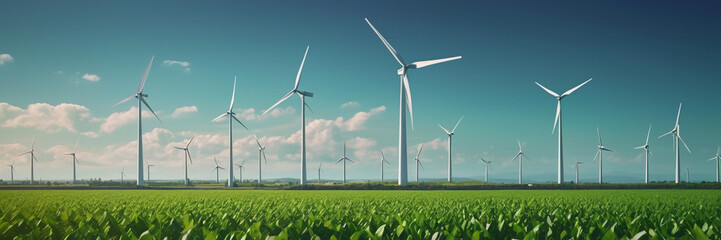 windmills turbines in a natural field for wind generation of hydrogen out of air or water into pipeline, Green hydrogen nitrogen to form nitrogen fertilizer production banner concept