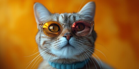 A sophisticated malayan cat sporting stylish glasses with its vibrant orange fur and piercing yellow eyes, exuding an air of intelligence and playfulness - obrazy, fototapety, plakaty