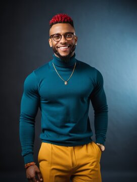 The man in the image has a teal turtleneck, yellow pants, glasses, and red hair. He is smiling and wearing a gold chain and watch.
