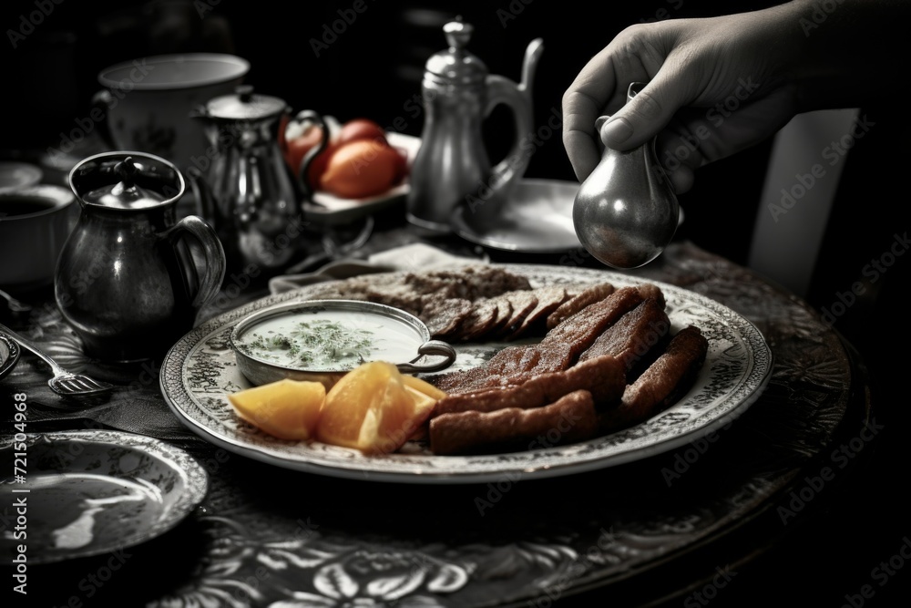 Poster A plate of food is displayed on a table with silverware. This image can be used to showcase a delicious meal or for restaurant advertisements