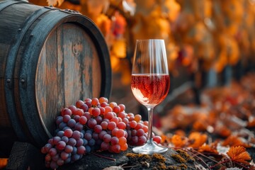 Indulge in the rich flavors of autumn with a glass of red wine, surrounded by the bountiful harvest of a winery