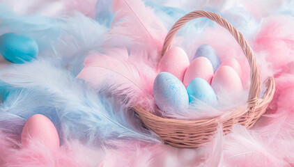 Piękne pastelowe tło wielkanocne , niebieskie i różowe jajka pisanki - obrazy, fototapety, plakaty