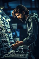 A man is seen working on a control board in a dark room. This image can be used to depict technology, engineering, or control systems