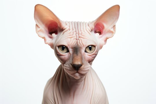 A close up view of a hairless cat on a white background. Can be used for pet-related articles or as a unique image for design projects
