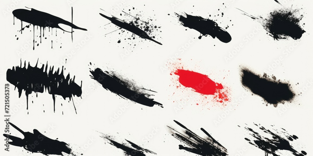 Aufkleber Abstract image featuring a collection of black and red paint splatters on a white background. Suitable for various artistic projects and designs