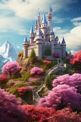 A picturesque castle located on top of a hill, surrounded by lush trees. Perfect for adding a touch of enchantment to any project or design - obrazy, fototapety, plakaty