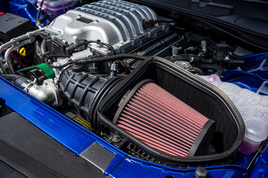 WERDER (HAVEL), GERMANY - MAY 20, 2023: The fragment of engine ofth sports car Dodge Challenger SRT Hellcat, 2023. Oldtimer - Festival Werder Classics 2023