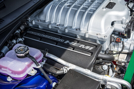 WERDER (HAVEL), GERMANY - MAY 20, 2023: The fragment of engine ofth sports car Dodge Challenger SRT Hellcat, 2023. Oldtimer - Festival Werder Classics 2023