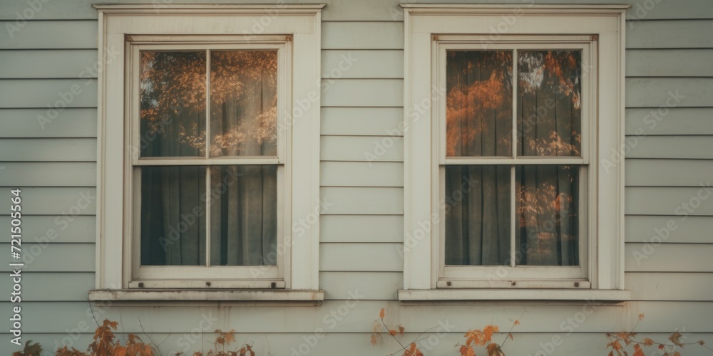 Poster A picture of a couple of windows sitting on the side of a building. This image can be used to represent urban architecture or as a background for various design projects