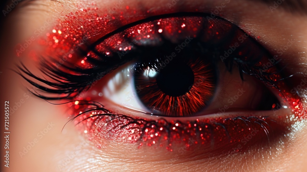 Poster A close-up view of a person's eye with a shimmering touch of glitter. Perfect for adding a touch of sparkle and glamour to any project