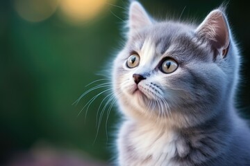 Obraz premium A cute gray and white kitten gazing at the sky. Perfect for pet lovers and animal-themed designs