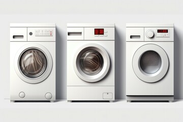 A row of washing machines sitting next to each other. Perfect for illustrating a laundry room or household chores