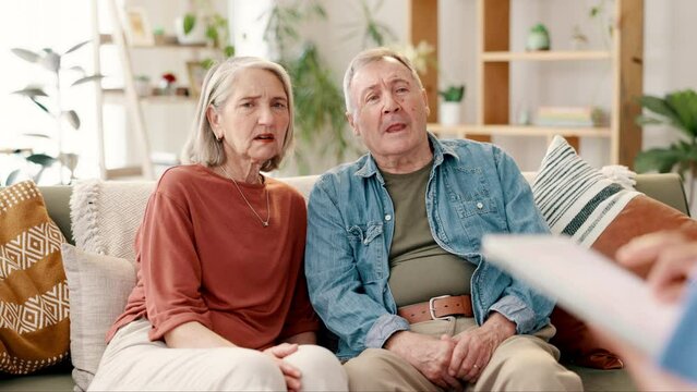 Senior couple, talking and marriage therapy, consultation for relationship advice or communication for support. Psychology, elderly man and woman in counseling session together for help with problem