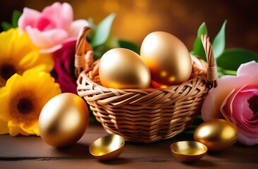 Fototapeta na wymiar colored eggs in a basket with a sprig of white apple flowers. Easter holiday